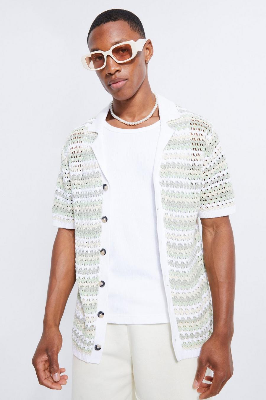 Sage Revere Collar Striped Crochet Shirt image number 1