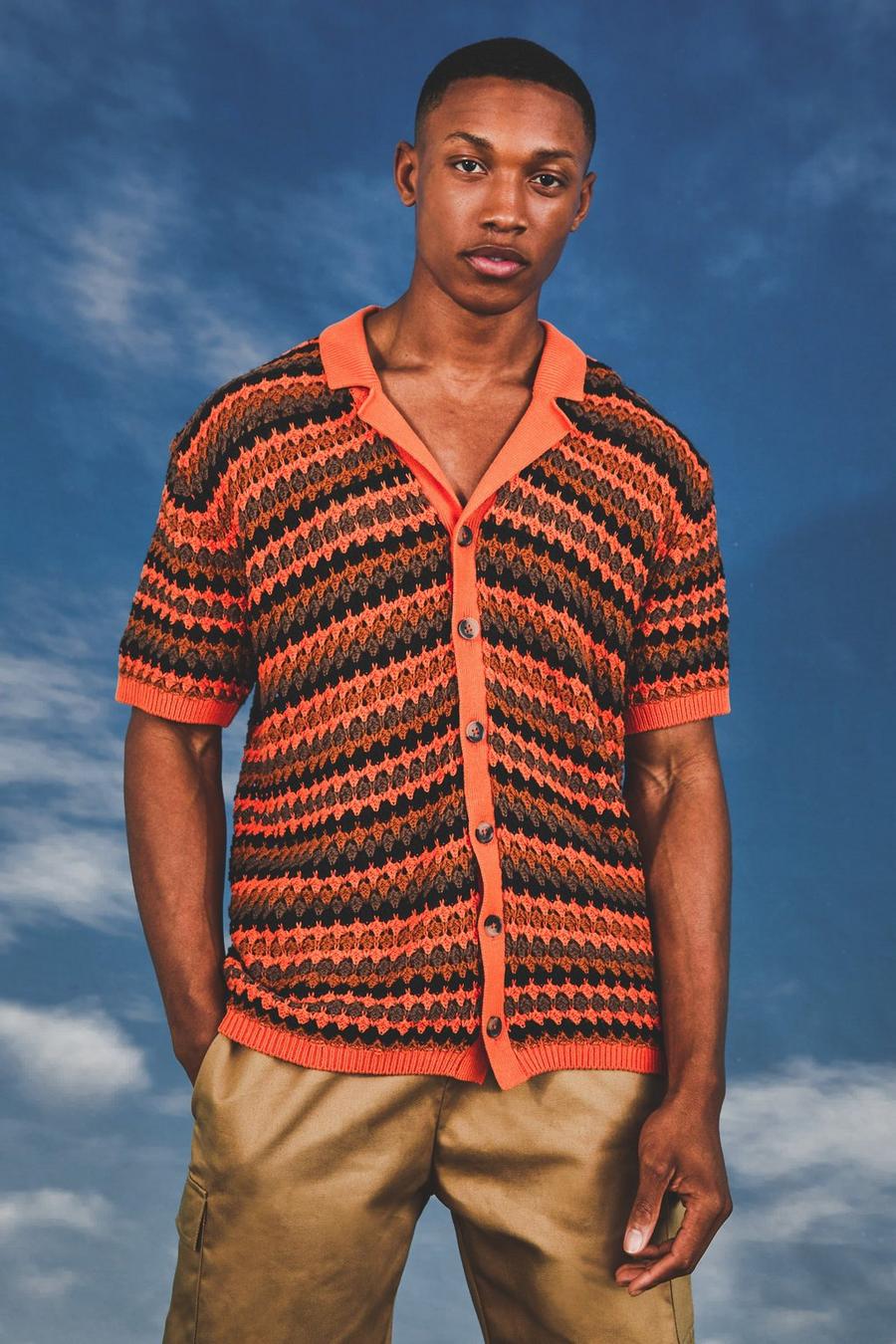 Orange Revere Collar Striped Crochet Shirt