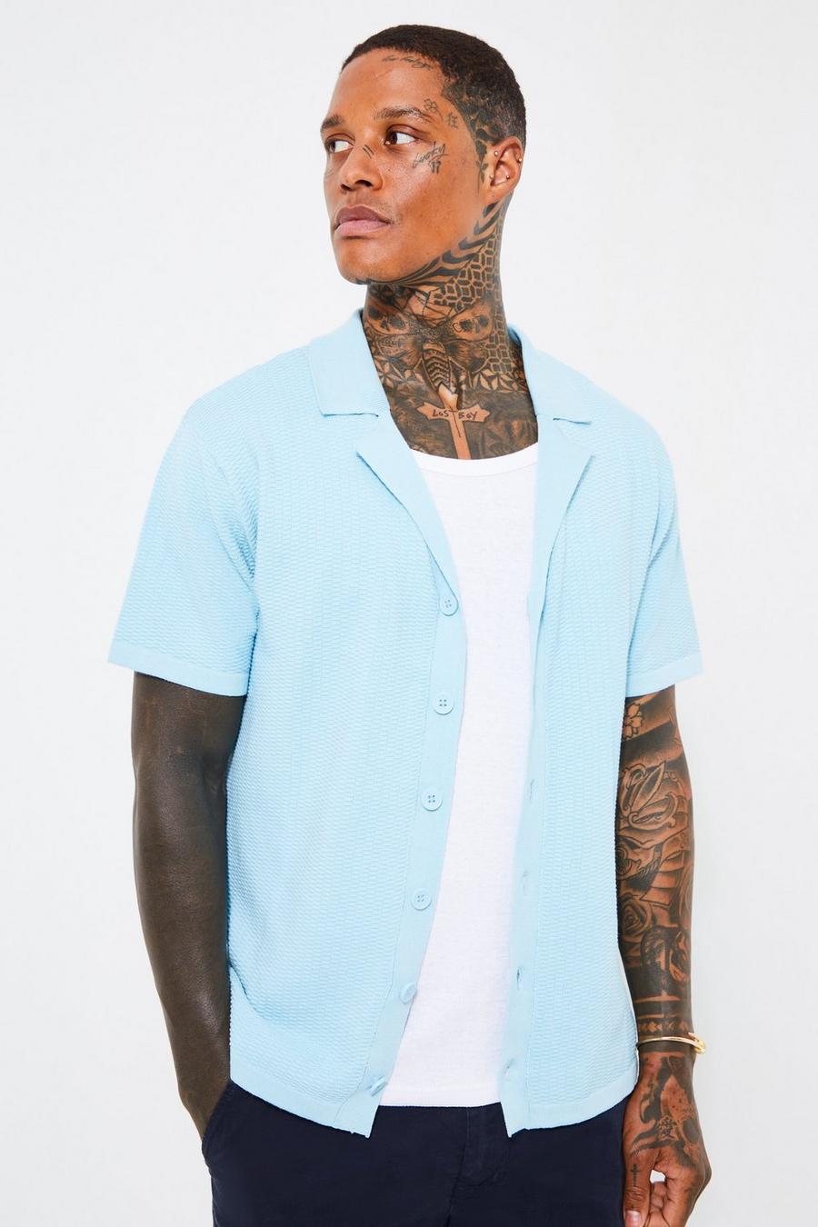 Sky blue Relaxed Waffle Texture Knitted Revere Shirt