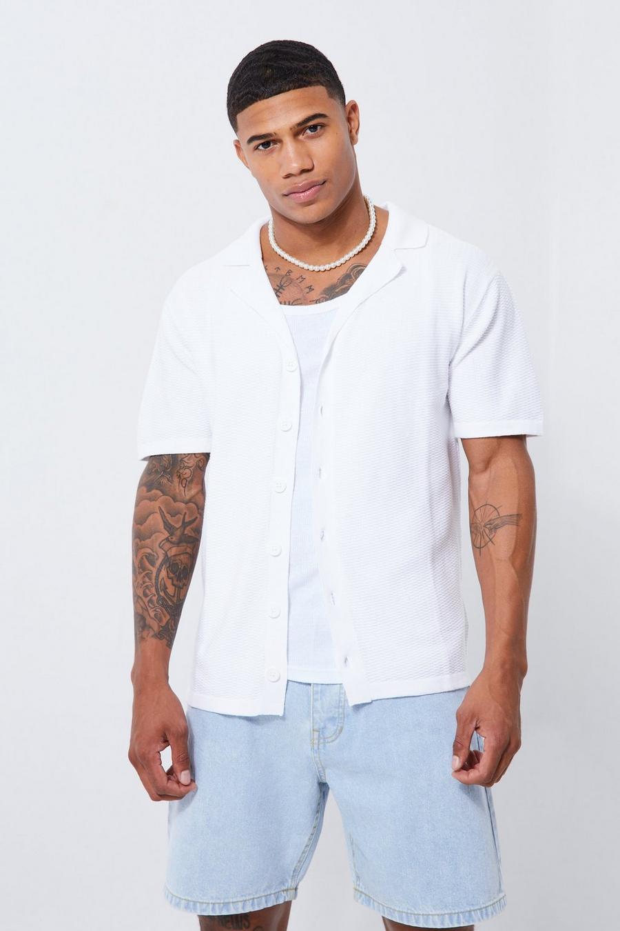 White Relaxed Waffle Texture Knitted Revere Shirt