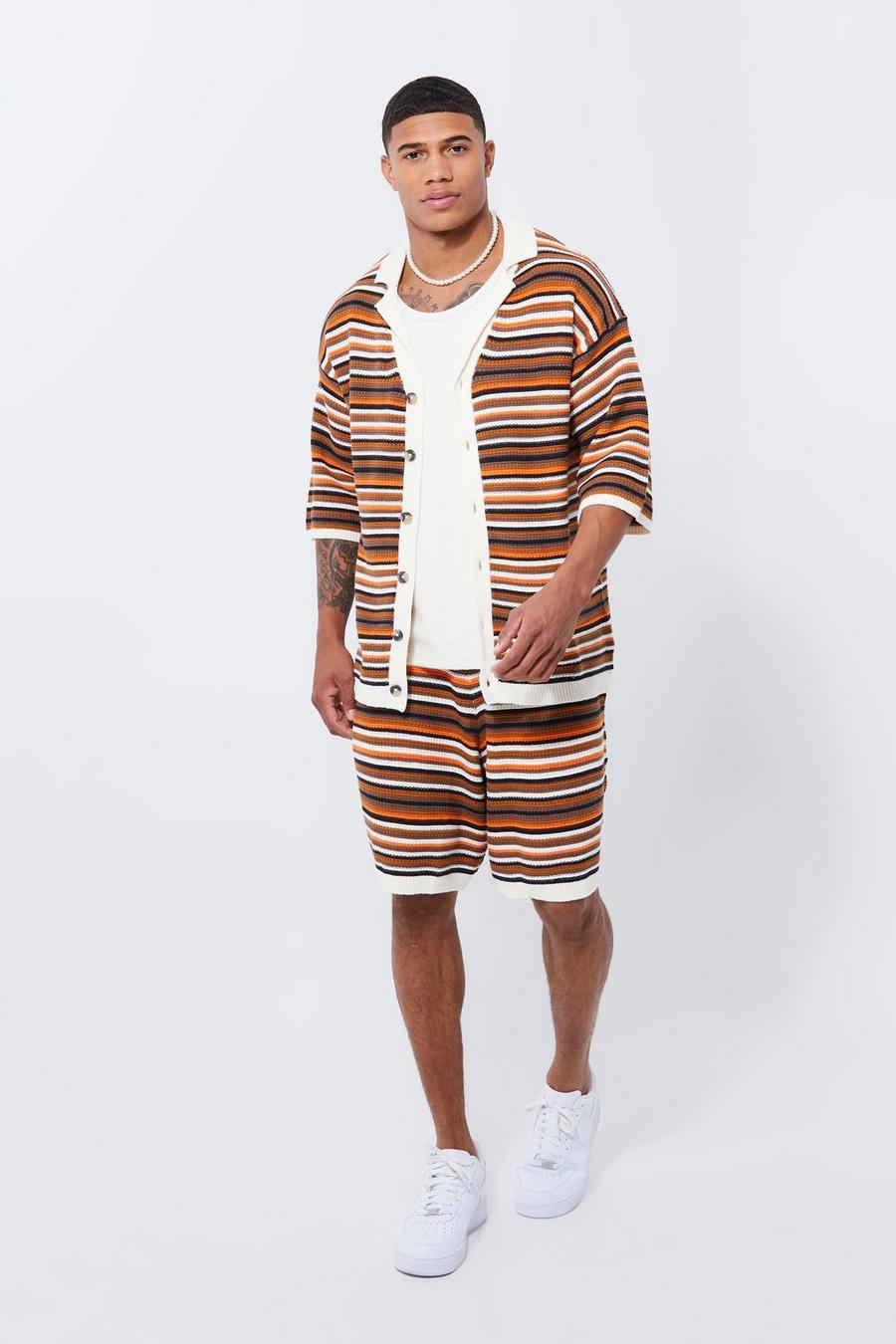 Orange Open Stitch Mini Stripe Knitted Shirt And Short Set image number 1