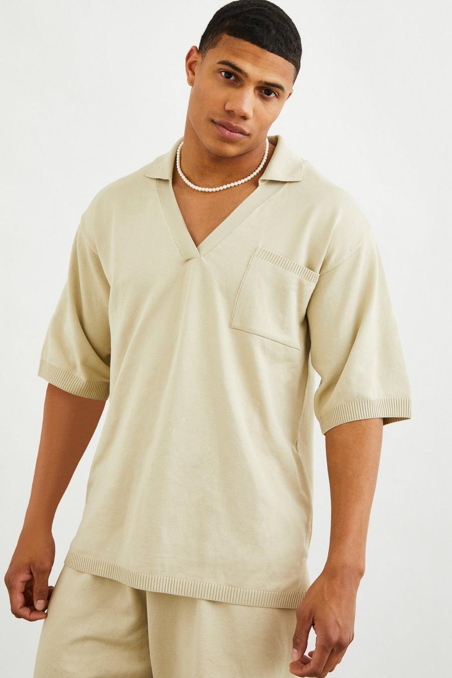 Oversized Open Weave Pocket Knitted Revere Polo, Stone beis