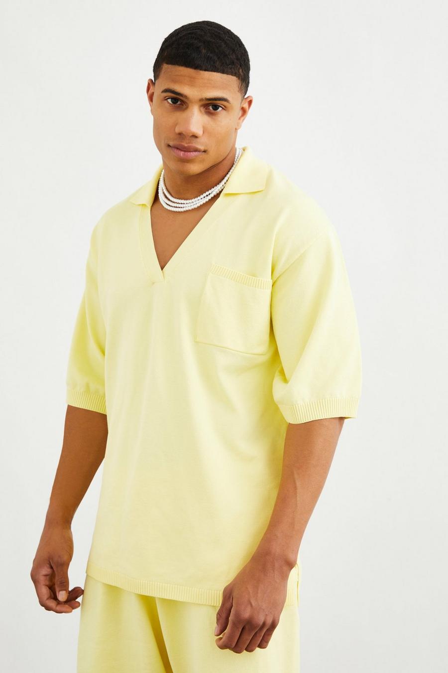 Oversized Open Weave Pocket Knitted Revere Polo, Yellow giallo