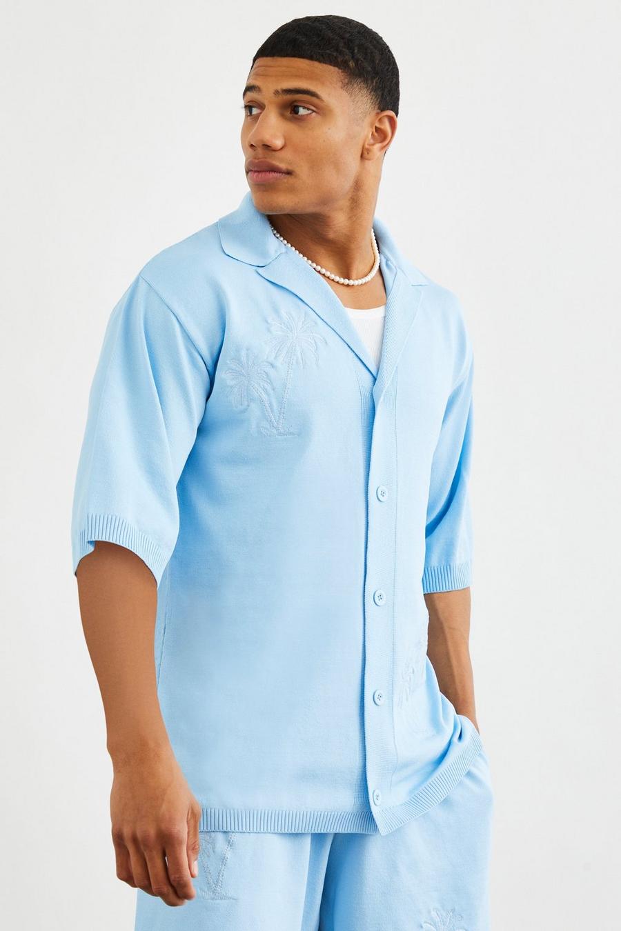 Blue blå Oversize stickad skjorta med palmer
