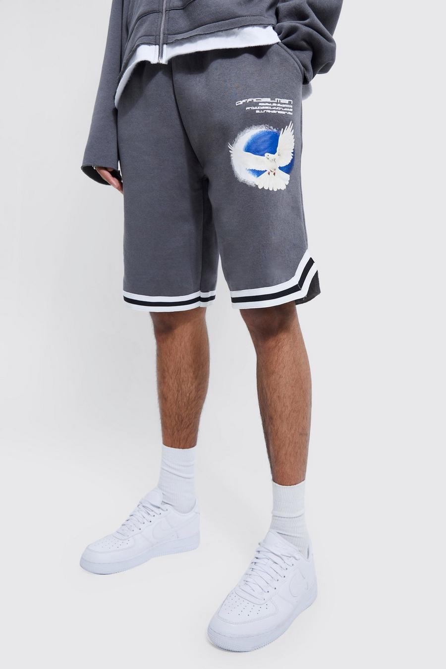 Tall Long Drawcord Graphic Basketball Short, Charcoal gris