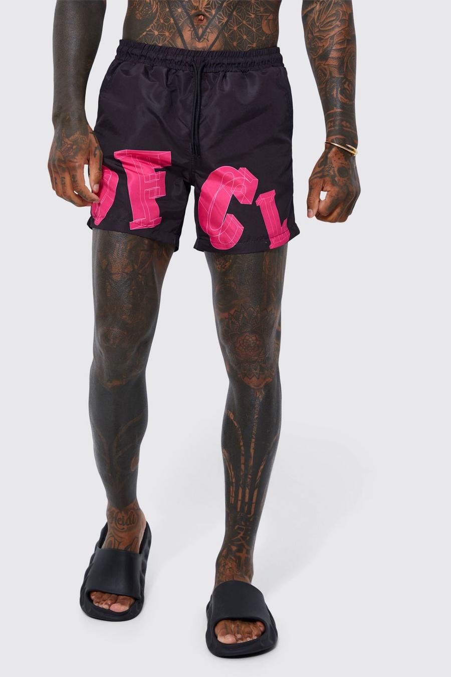 Black Mid Length Ofcl Print Swim Shorts