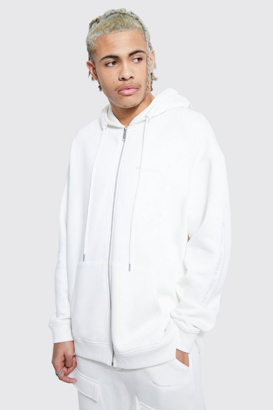 Ecru white Tall Oversized hoodie med brodyr och slits image number 1