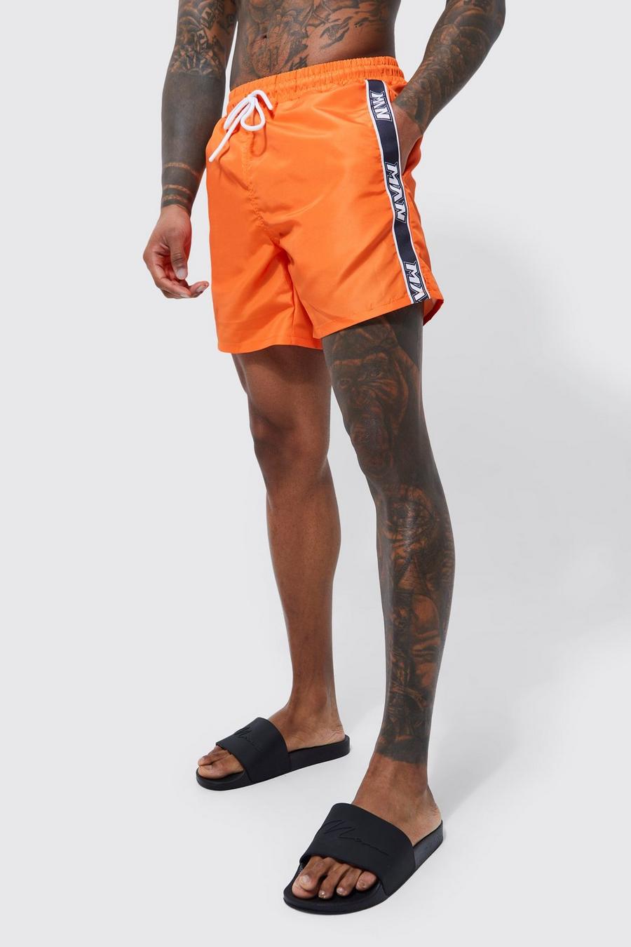 Orange Mid Length Man Tape Swim Shorts