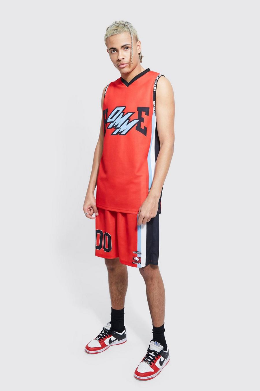 Red Tall Mesh Graphic Basketball T-shirt Set
