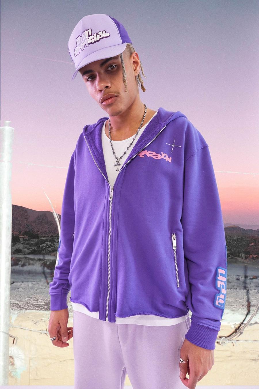 Purple Tall Hoodie med dragkedja och strass image number 1