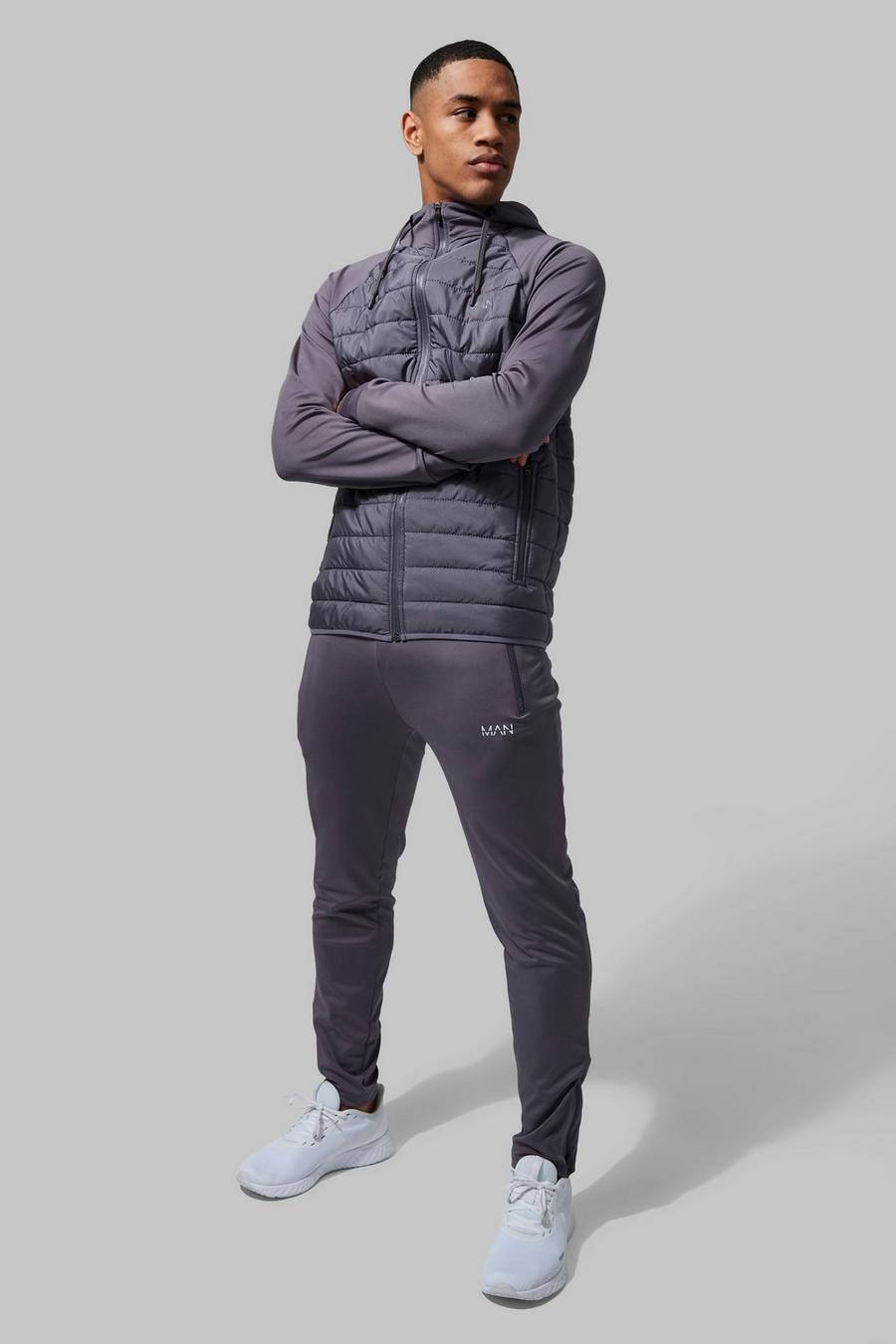 Charcoal grey Man Active Quilted Zip Hoodie Tracksuit