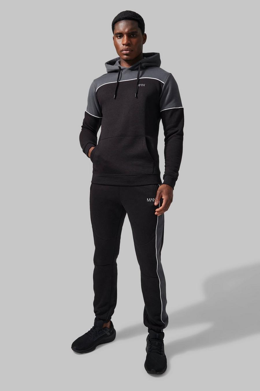 Black Man Active Colour Block Hooded Tracksuit image number 1