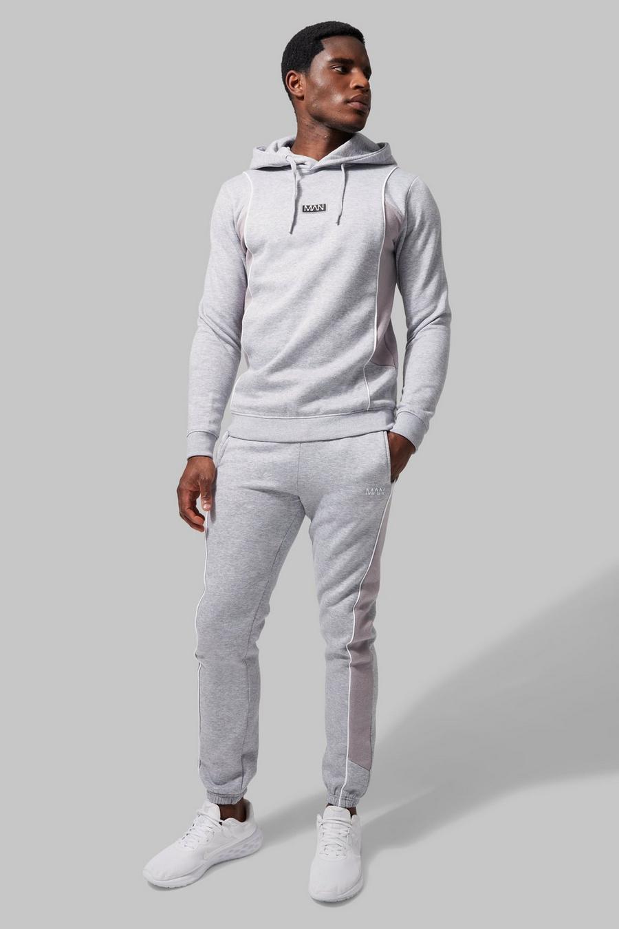 Grey marl grå Man Active Colour Block Hooded Tracksuit image number 1