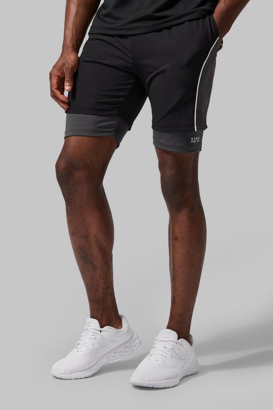 Black svart Man Active Colour Block Gym 2 In 1 Shorts image number 1