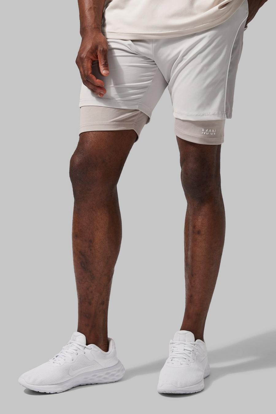 Taupe beige Man Active Colour Block Gym 2 In 1 Shorts