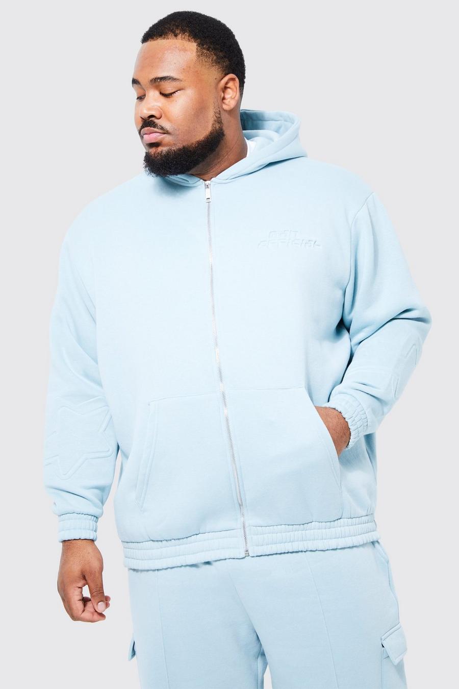 Light blue Plus Oversized Debossed Zip Through Hoodie