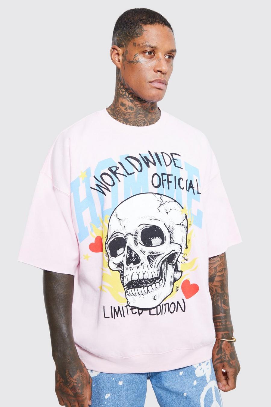 Light pink Oversized Half Sleeve Skull Print Sweatshirt image number 1