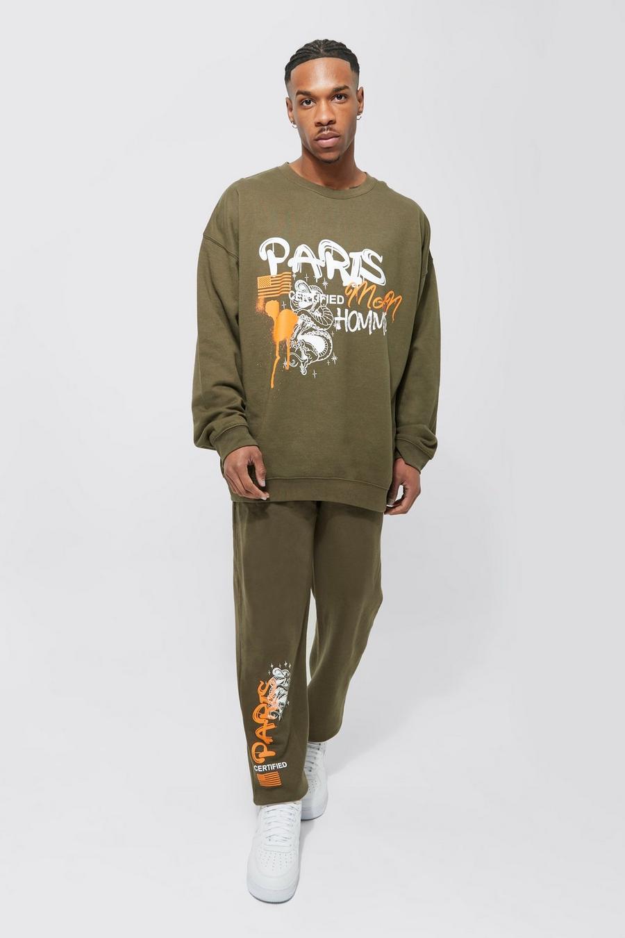 Khaki Oversized Paris Graphic Sweatshirt Tracksuit