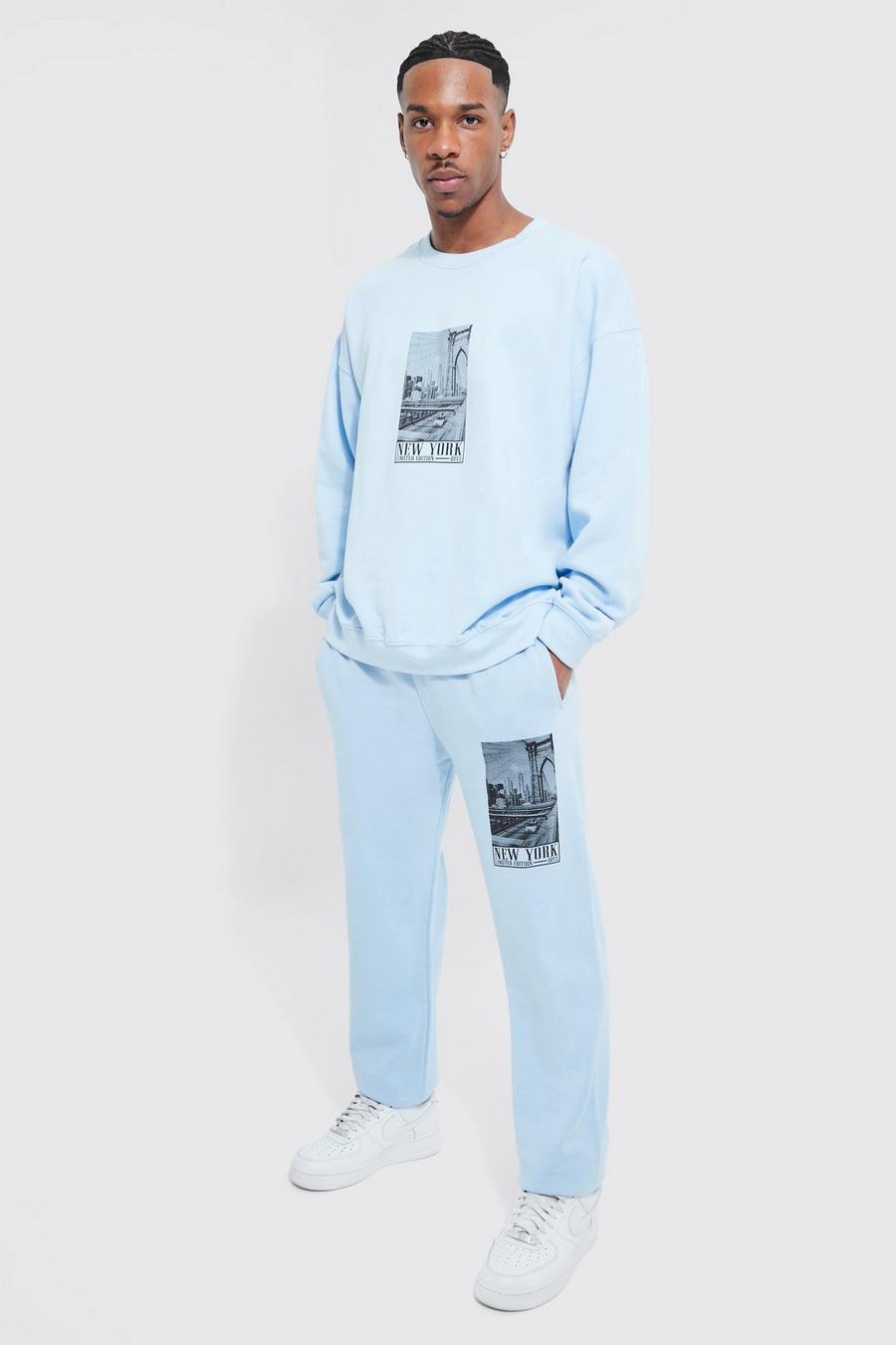 Light blue blå Oversized New York Print Sweatshirt Tracksuit