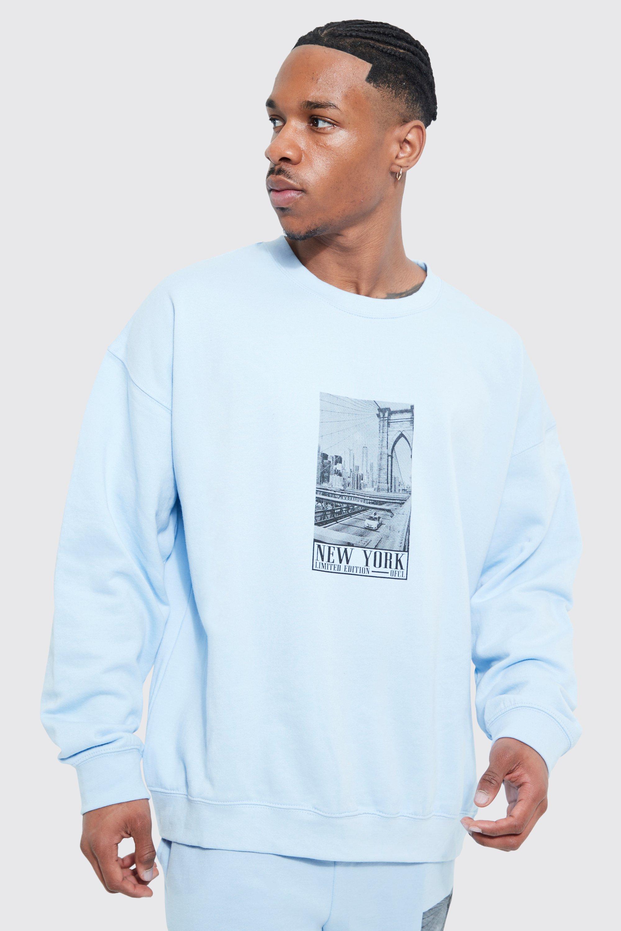 boohooMAN Mens Oversized Brooklyn NYC Sweatshirt - Blue