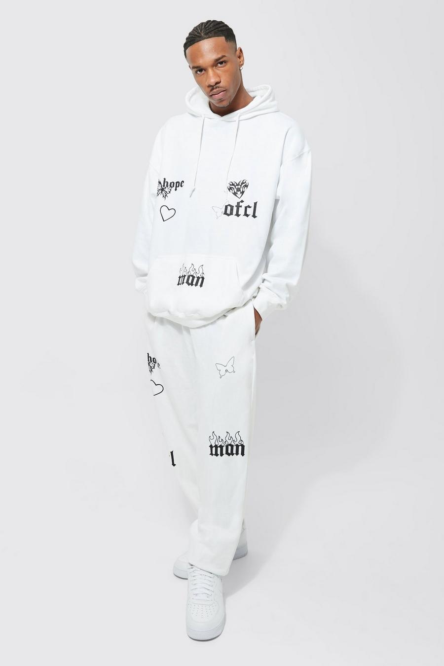 White Oversized Flame Multi Print Hooded Tracksuit image number 1