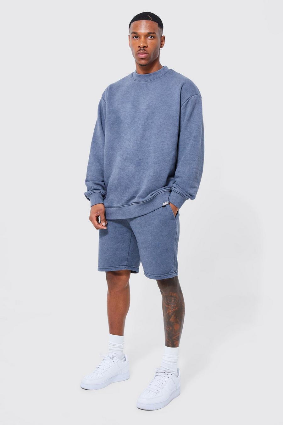 Charcoal grey Oversized Man Acid Wash Sweater Short Tracksuit