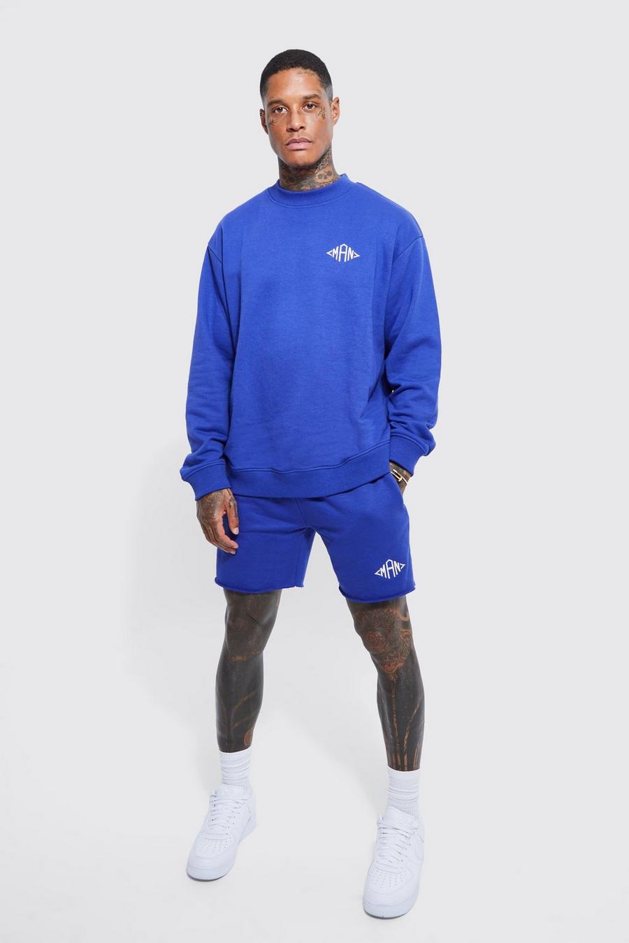 Blue azzurro Oversized Man Raw Hem Sweater Short Tracksuit
