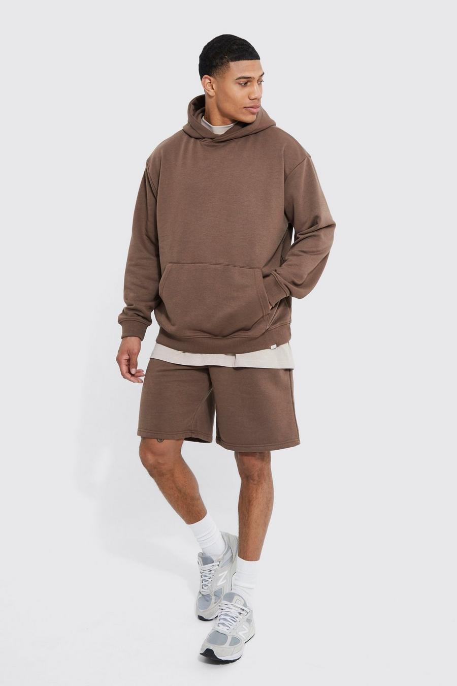 Coffee brown Oversized Man Hooded Short Tracksuit