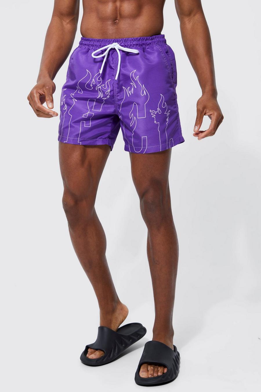 Purple Mid Length Ofcl Print Swim Shorts