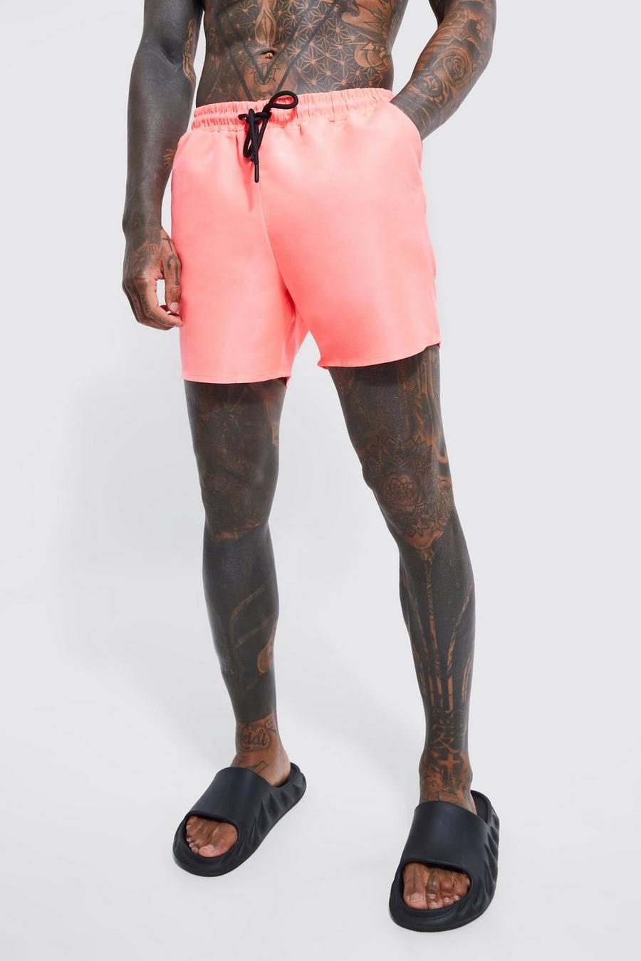Neon-pink Mid Length Plain Swim Shorts image number 1