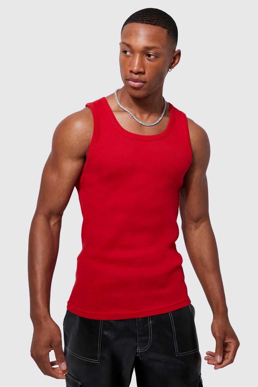 Red Ribbed Muscle Fit Vest  image number 1