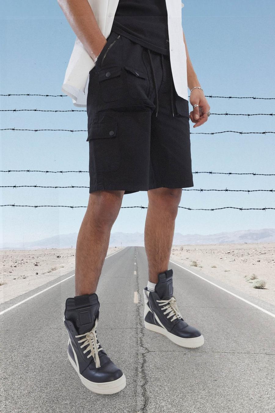 Black Tall Relaxed Fit Multi Pocket Cargo Short image number 1
