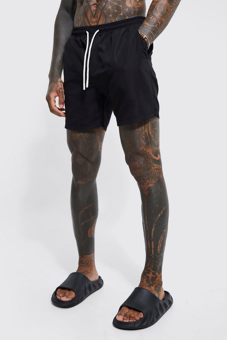 Black Mid Length Plain Swim Shorts