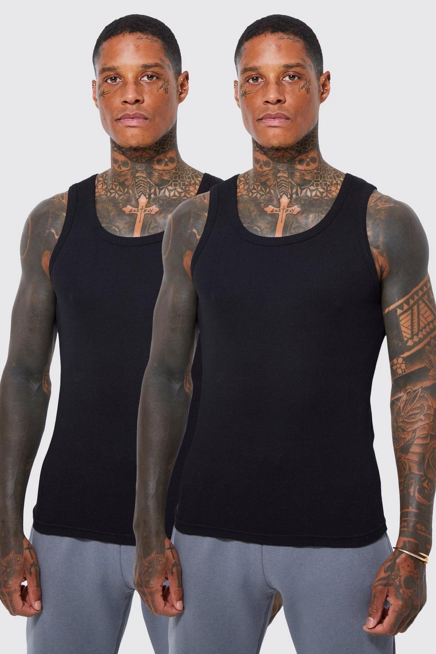 Black Geribbelde Muscle Fit Hemden (2 Stuks)