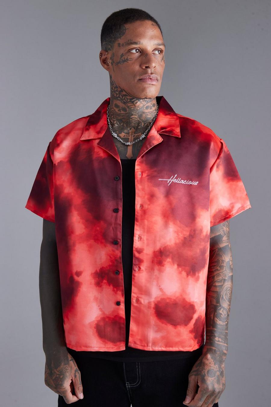 Red Boxy Satin Graphic Back Print Shirt image number 1