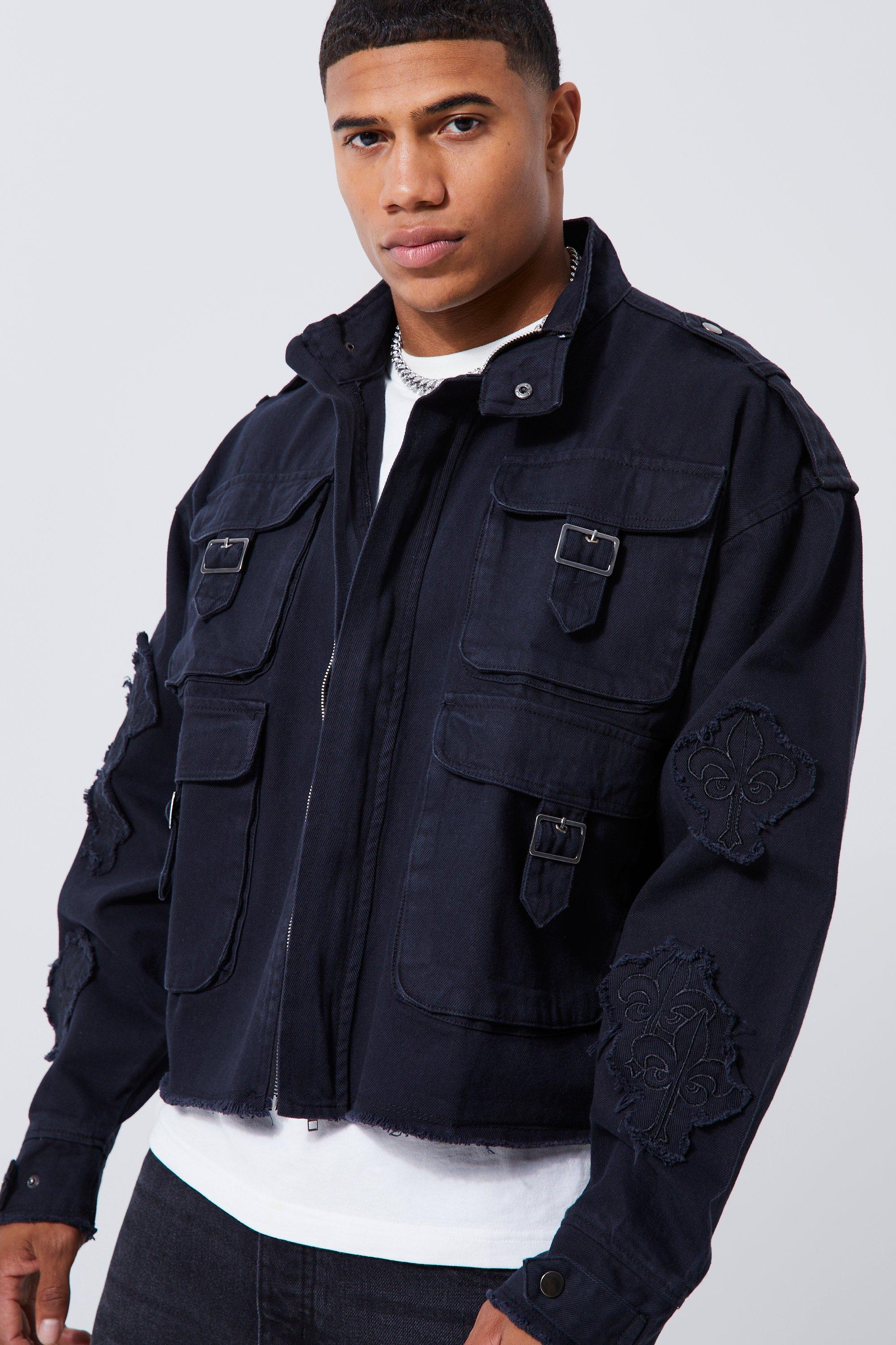 Boxy Distressed Cross Applique Twill Jacket