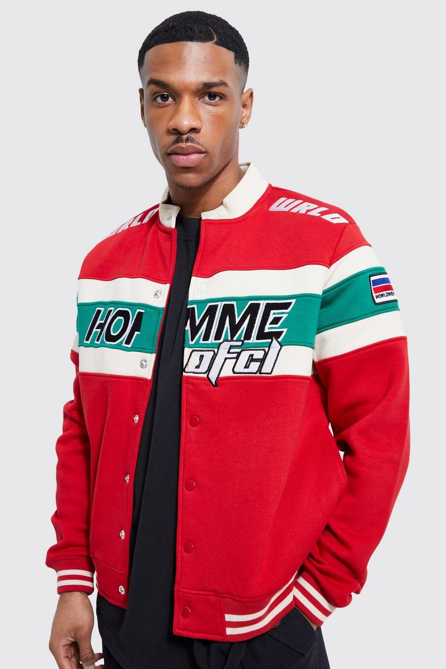 Red rojo Boxy Homme Applique Jersey Moto Jacket