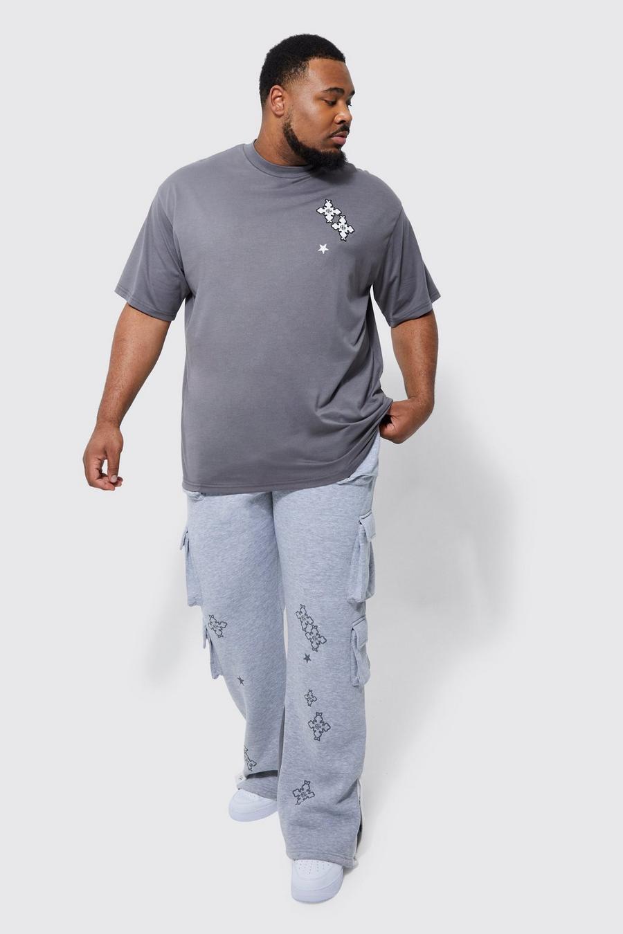 Chándal Plus de camiseta con botones de presión en el filo y estampado gráfico, Charcoal grey