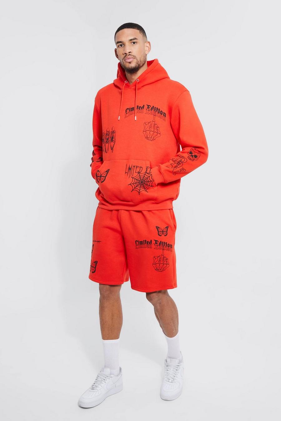 Red Tall Graffiti Graphic Short Hooded Tracksuit image number 1