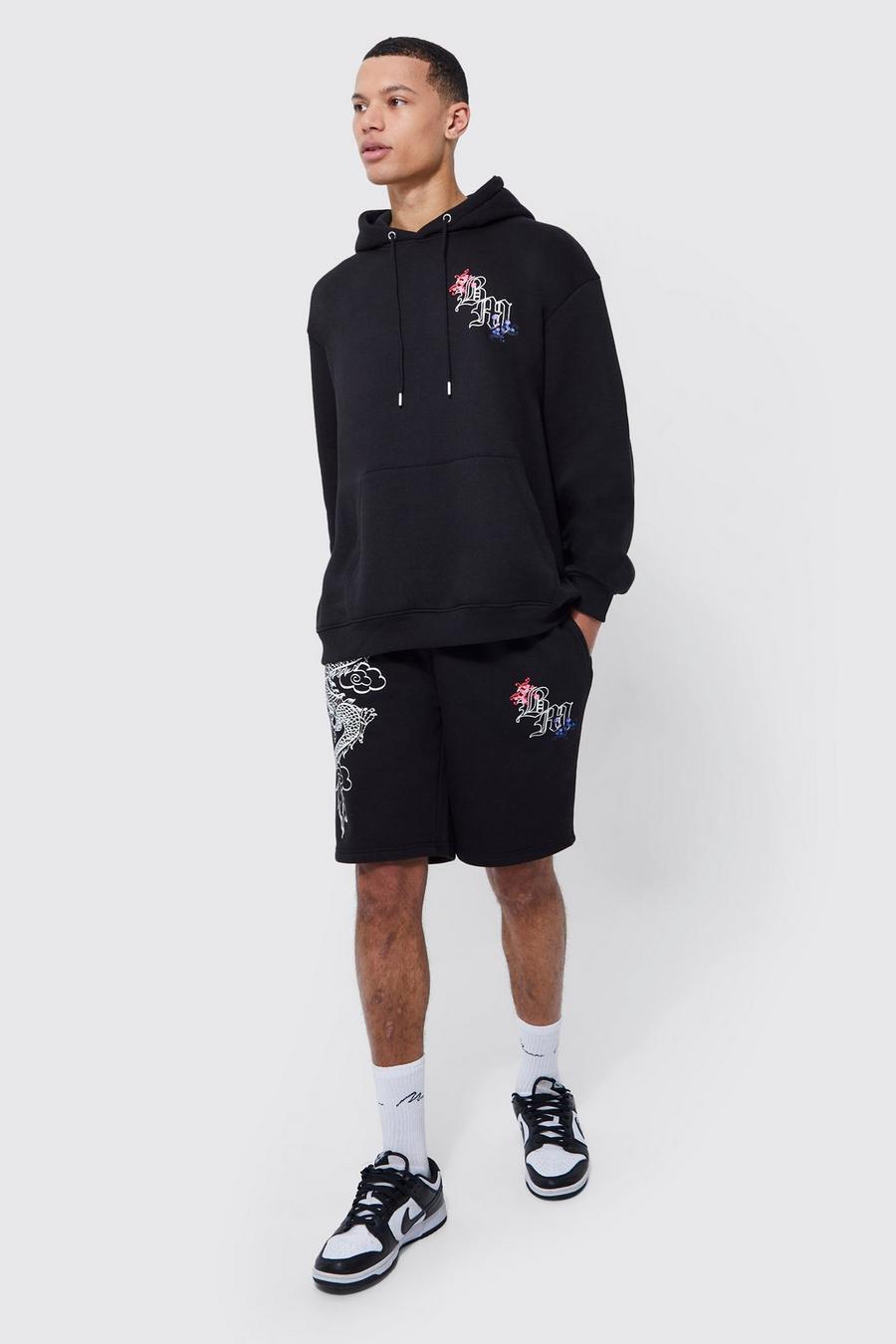 Tall Dragon Graphic Short Hooded Tracksuit, Black nero