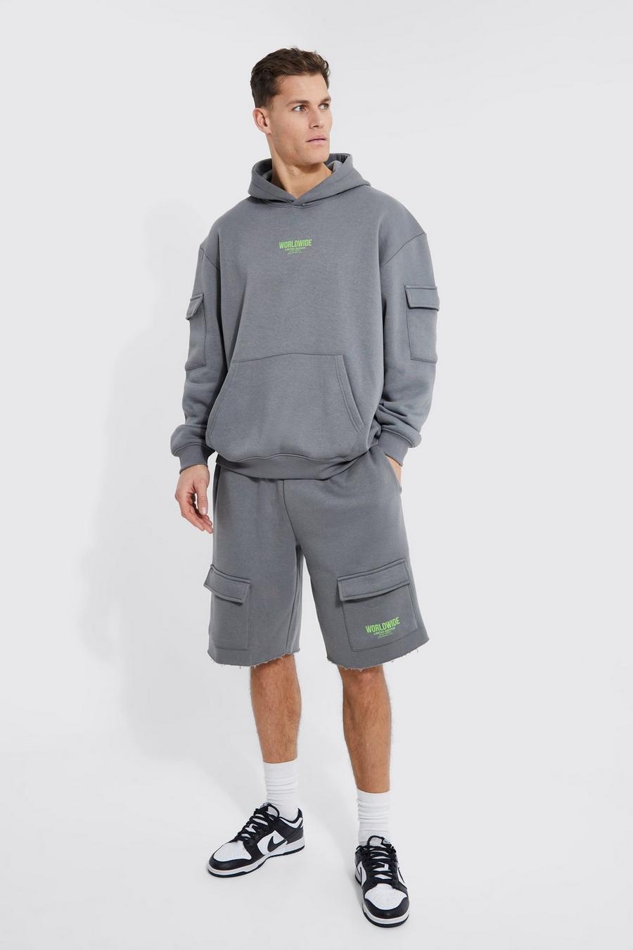 Charcoal Tall Raw Hem Oversized Cargo Short Hooded Tracksuit image number 1