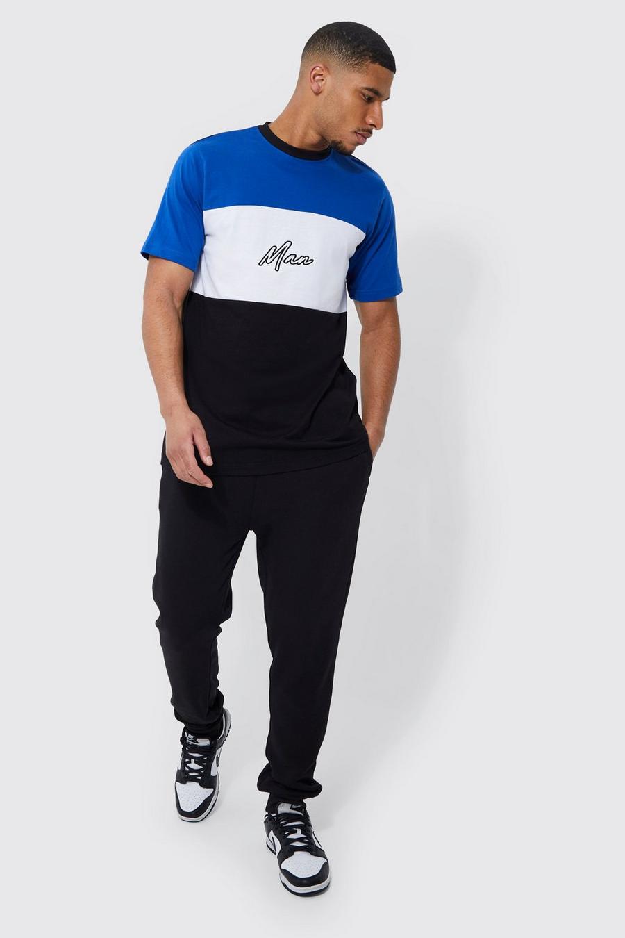 Blue Tall Colour Block Man T-shirt Tracksuit image number 1
