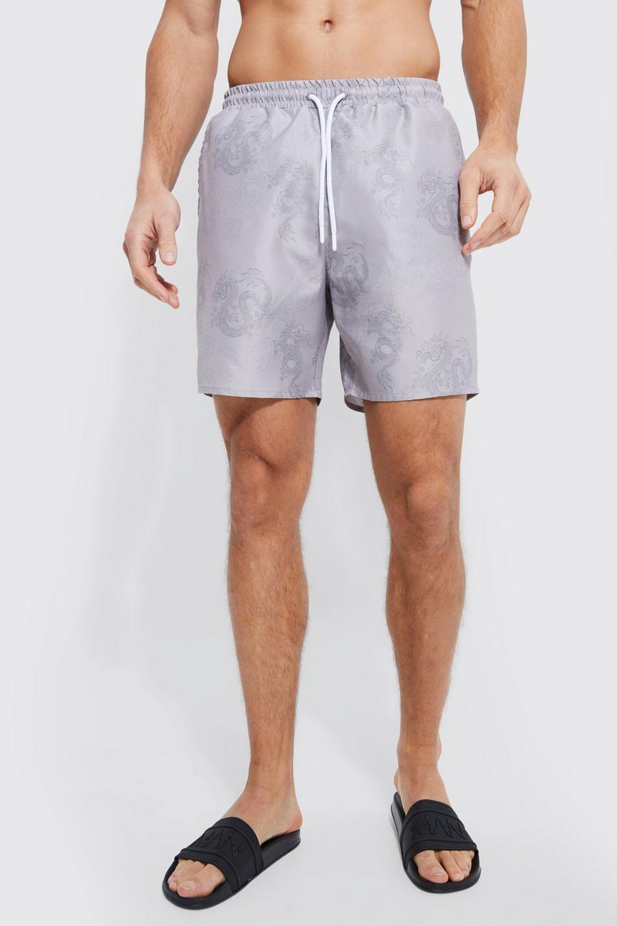 Grey Tall Dragon Print Swim Shorts