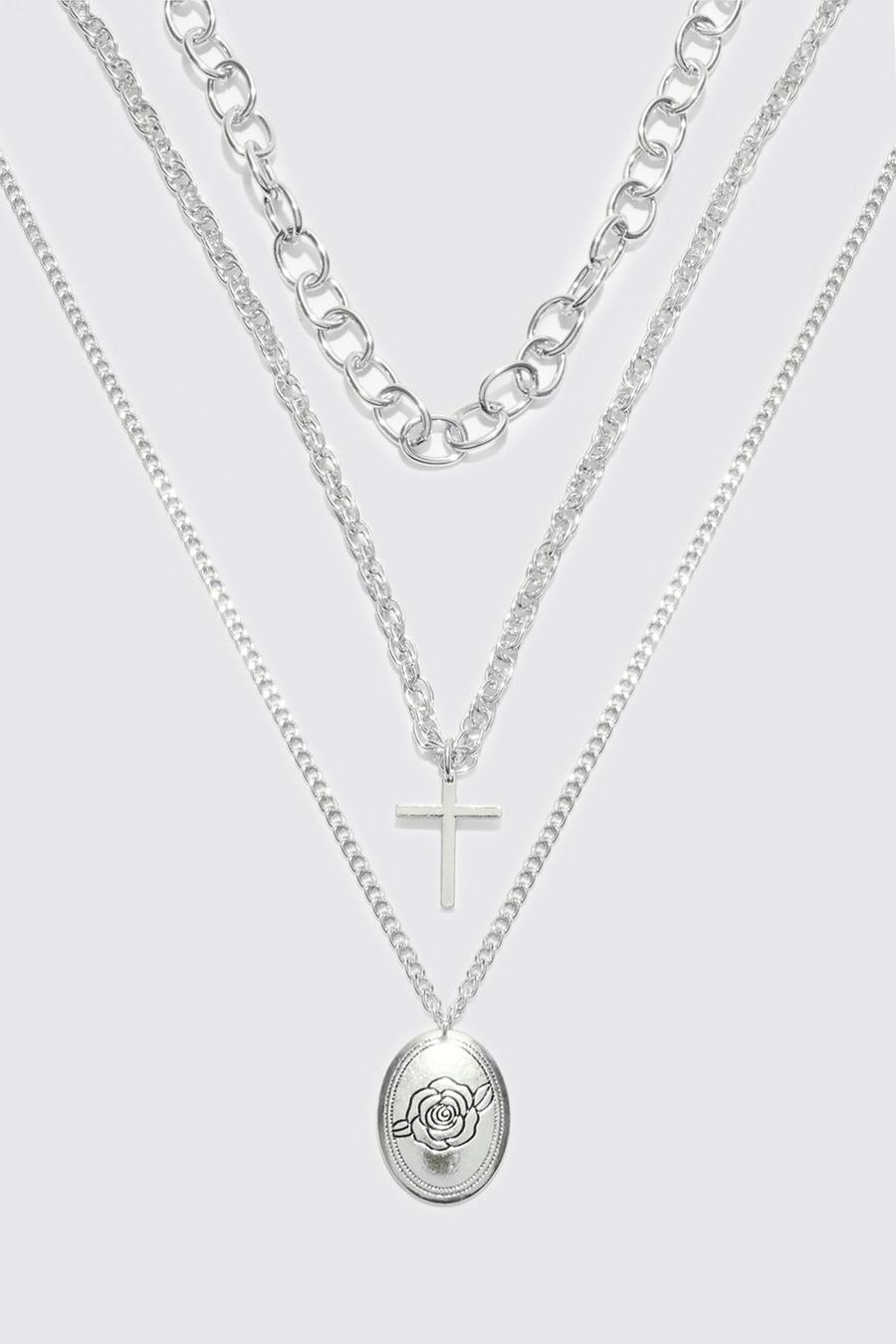 Mehrlagige Halskette mit Kreuz-Anhänger, Silver image number 1