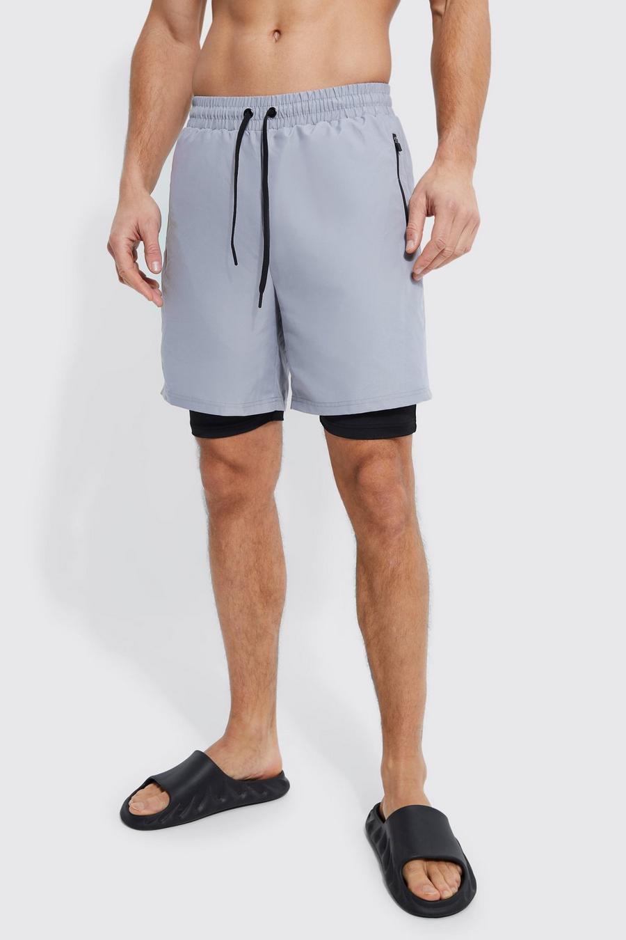 Grey Tall 2in1 Mid Length Swim Short 