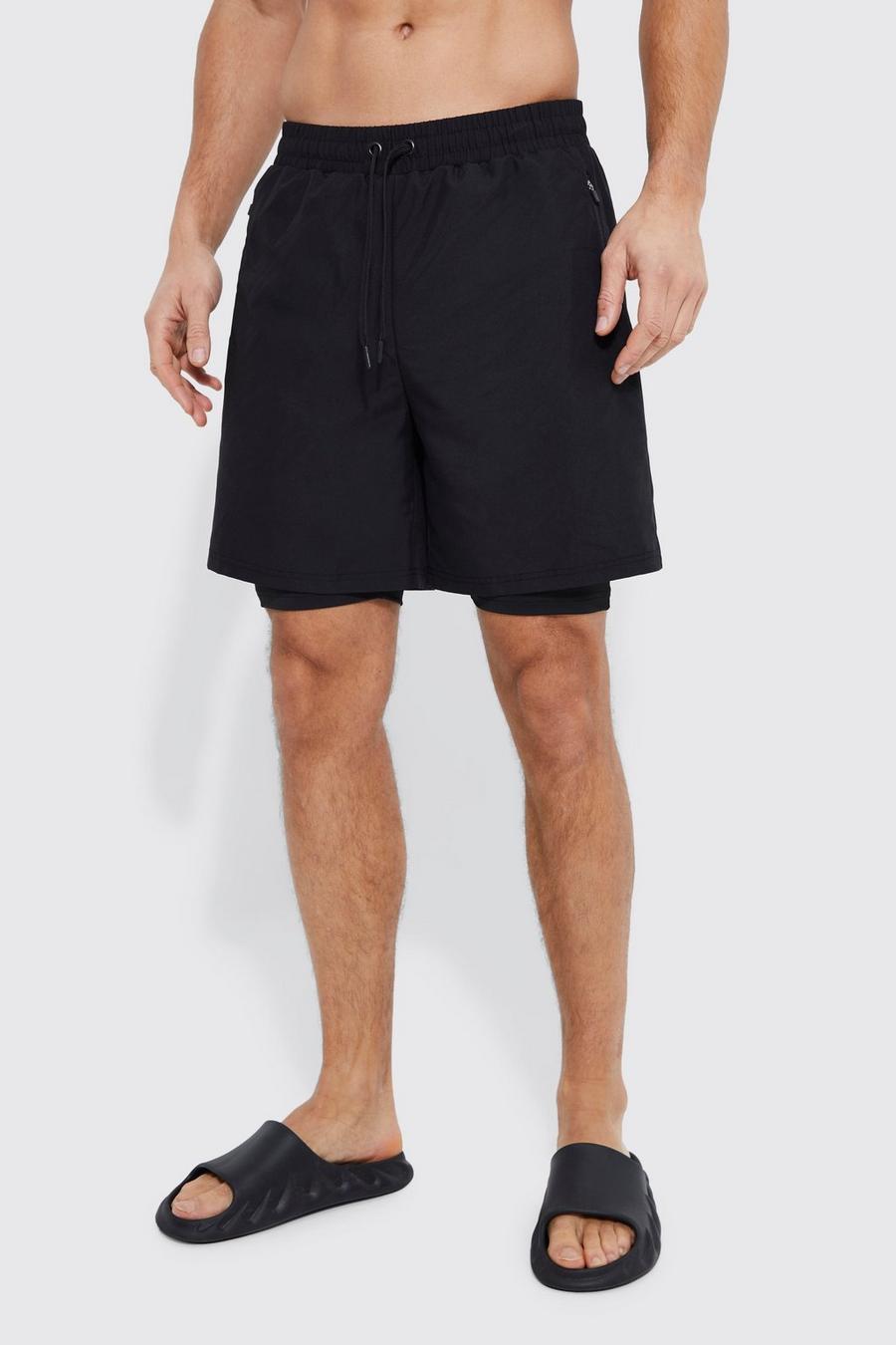 Black Tall 2in1 Mid Length Swim Short