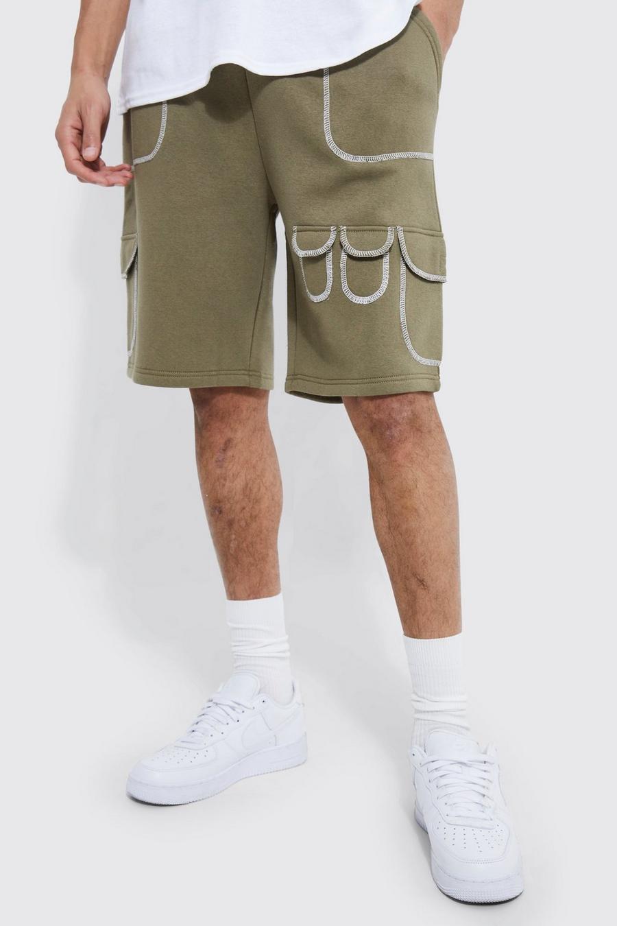 Khaki Tall Loose Fit Multi Cargo Topstitch Short image number 1