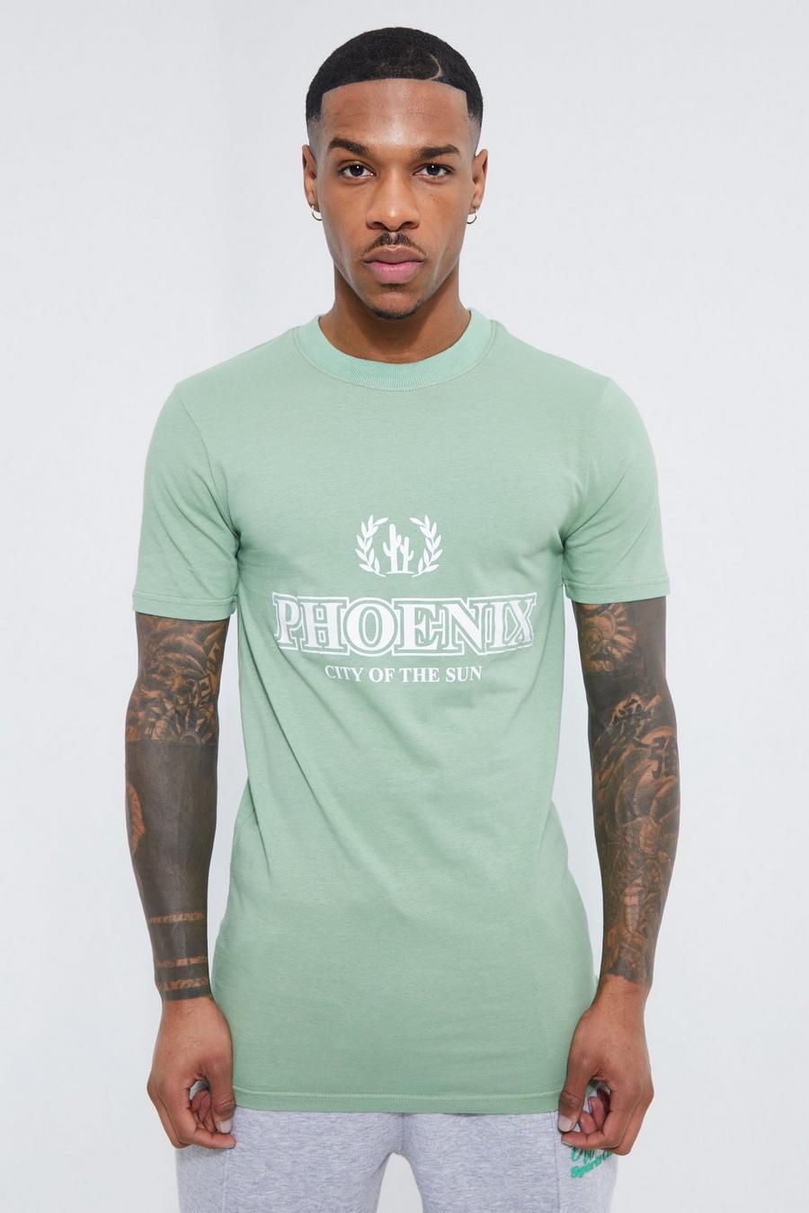 Dusty green Muscle Fit Longline Phoenix Print T-shirt image number 1