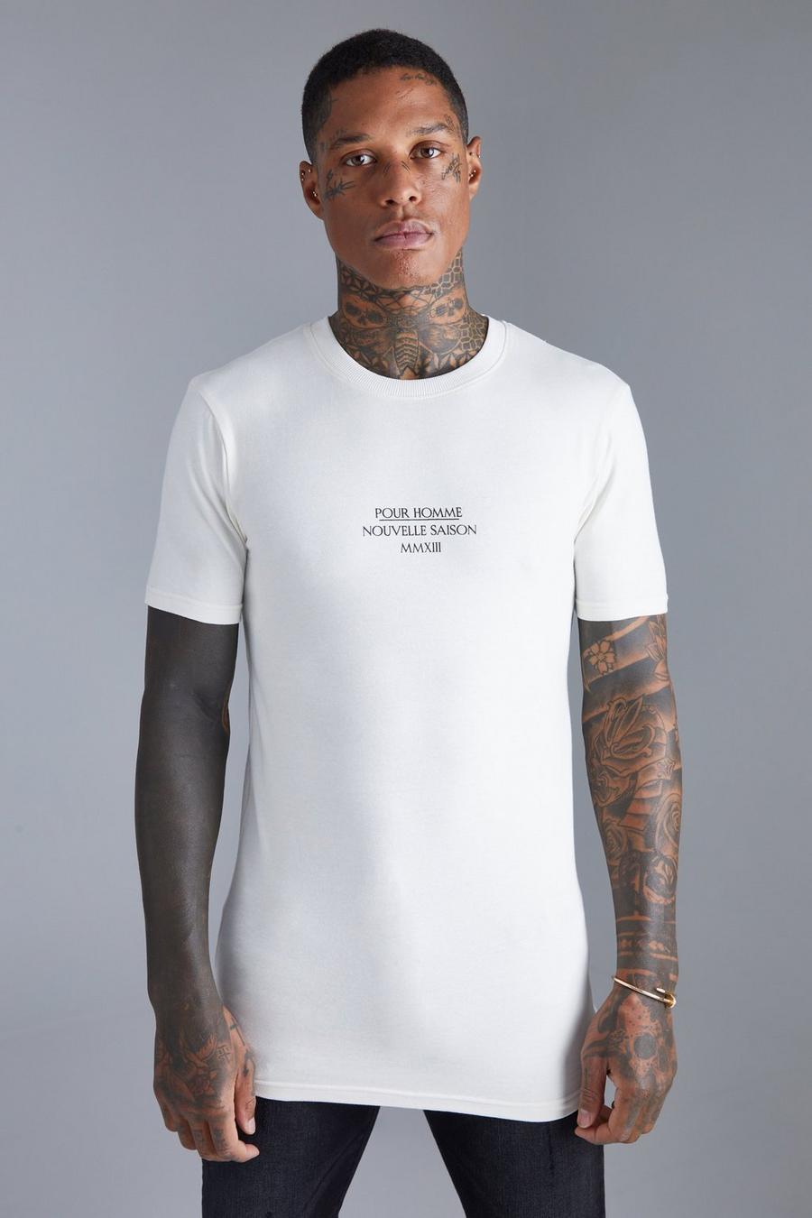 Ecru vit Muscle Fit Longline Pour Homme Print T-shirt image number 1
