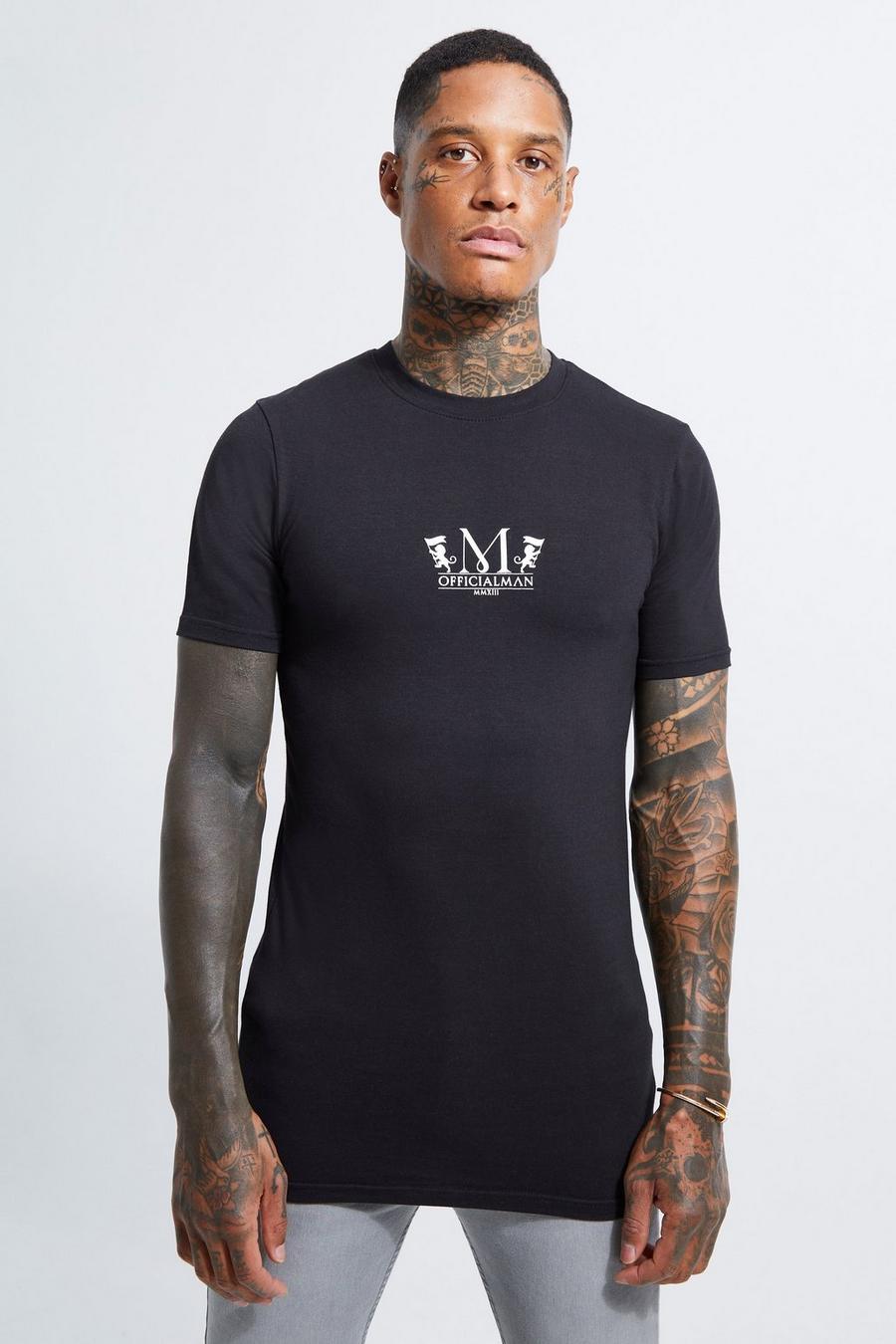 Black Long Line Muscle Fit Offical T-Shirt Met Print